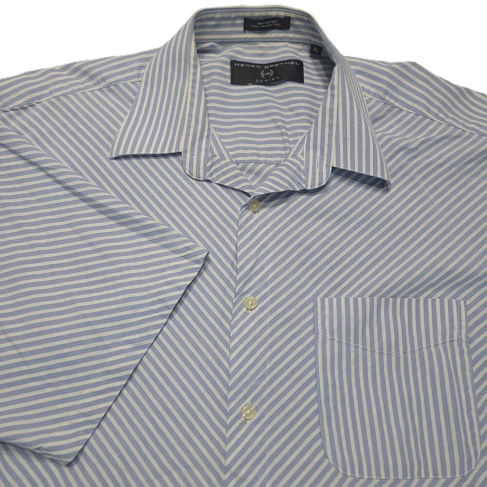 Henry Grethel Button Up Shirt Mens XL Blue White Striped Short Sleeve Pocket